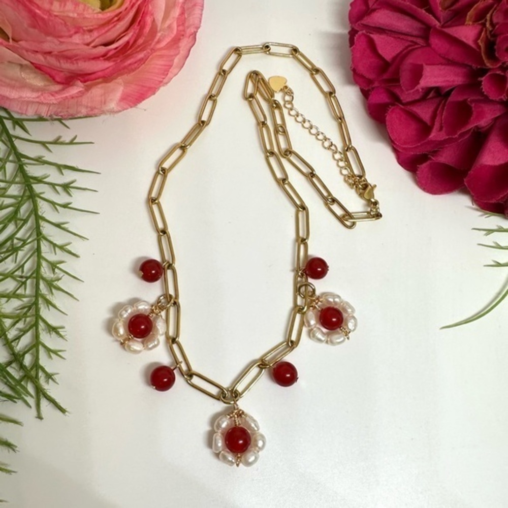 NEW⚜️Red Jade Freshwater Pearl Flower Charm Necklace